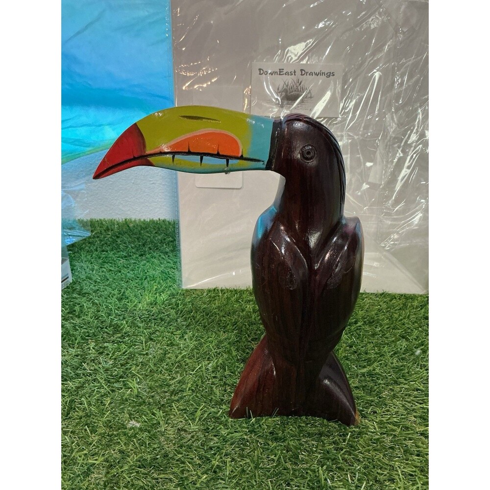 Carved Wood Toucan Bird Figurine Colorful Painted Beak Tropical Decor 8 Inch